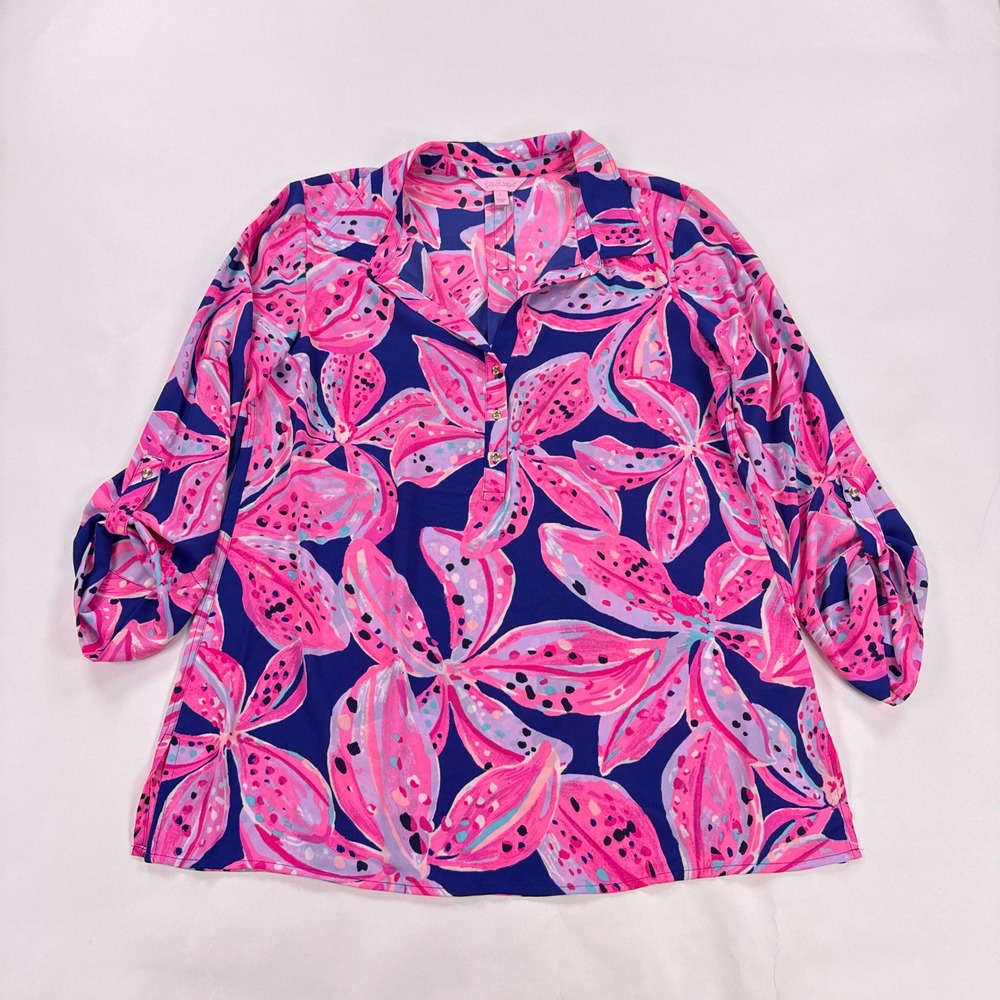 Lilly Pulitzer Everglades Tunic Blouse Womens Large Wild Child Pink Floral Top